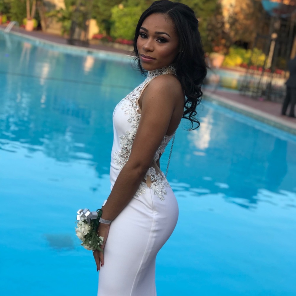 White and beige prom dress